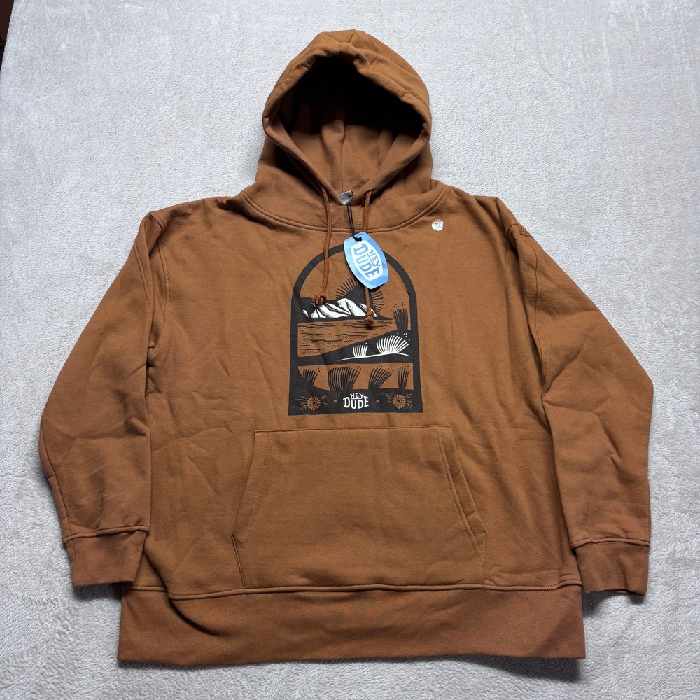 NWT Hey Dude Mens XL Graphic Hoodie Sweatshirt Brown Desert Mountain Pullover